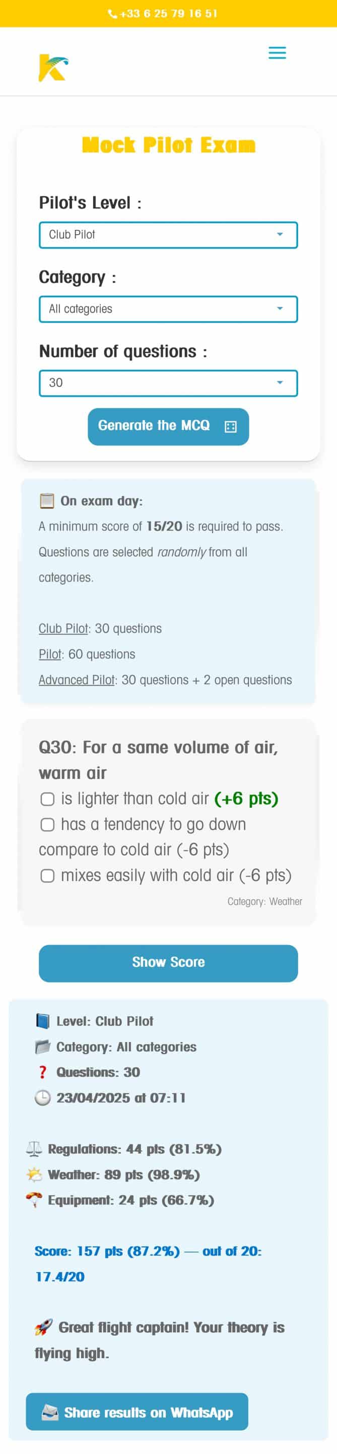 Interface de génération du QCM FFVL parapente en ligne sur le site Kymaya, avec options de sélection du niveau, des catégories et du nombre de questions.