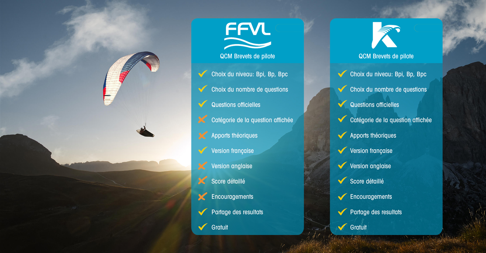 Comparatif visuel entre le QCM FFVL officiel et le QCM Kymaya pour préparer les brevets de pilote en parapente.
