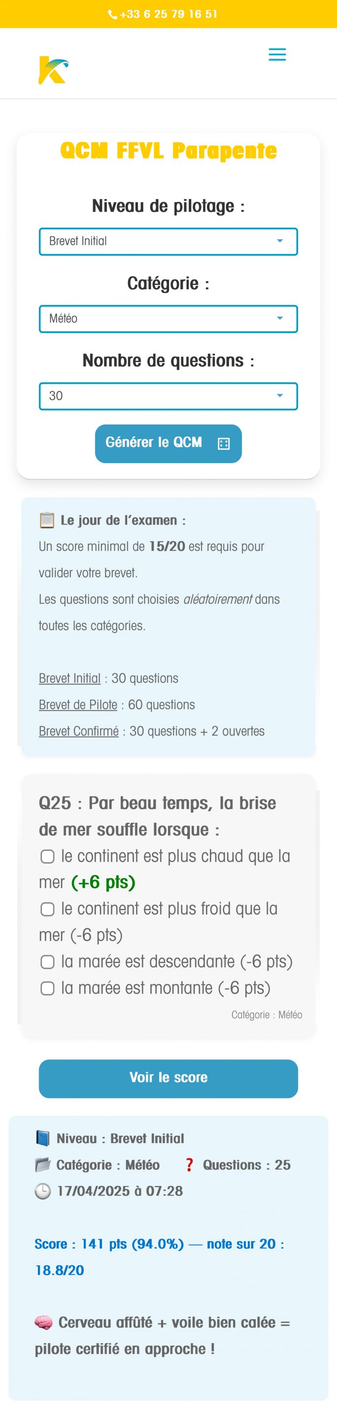 Interface de génération du QCM FFVL parapente en ligne sur le site Kymaya, avec options de sélection du niveau, des catégories et du nombre de questions.
