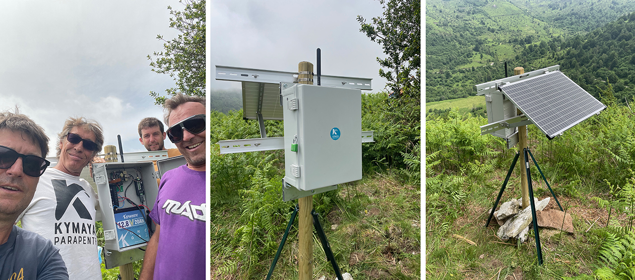 Installation de la webcam Spot-Eye par l’équipe Kymaya au Port de Lers Équipe Kymaya installant la caméra Spot-Eye pour streaming, timelapse et météo au site de parapente du Port de Lers